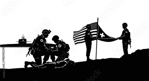 Military Rescue Operation: Soldiers Aid Wounded Comrade Beside US Flag and Submarine