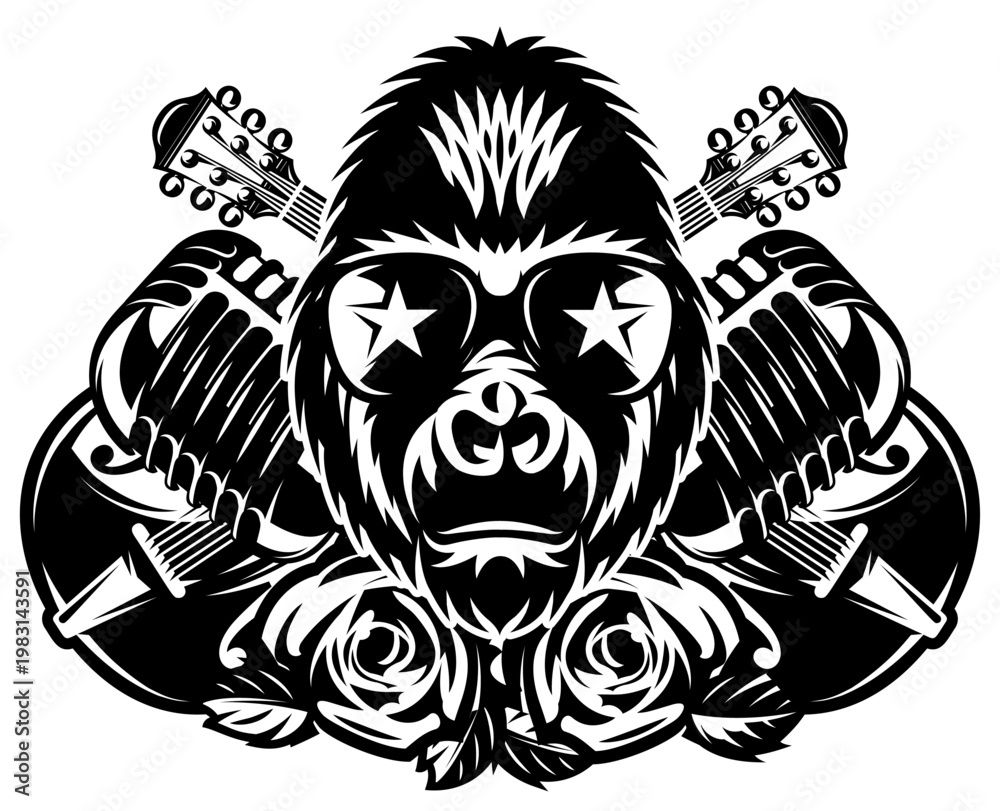 Fototapeta premium Cool Gorilla Head with Star Sunglasses and Guitars Rock Music Design for Band Logos and Merchandise.