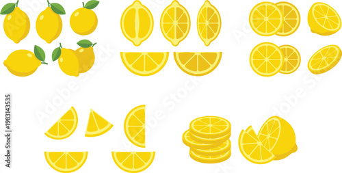 Fresh Lemon Vector Collection with Whole Fruits, Slices, Halves and Wedges Isolated on Background for Juice, Food, Summer and Citrus Design Projects