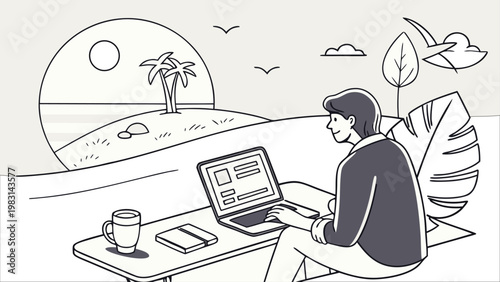 student studying at desk with laptop vector