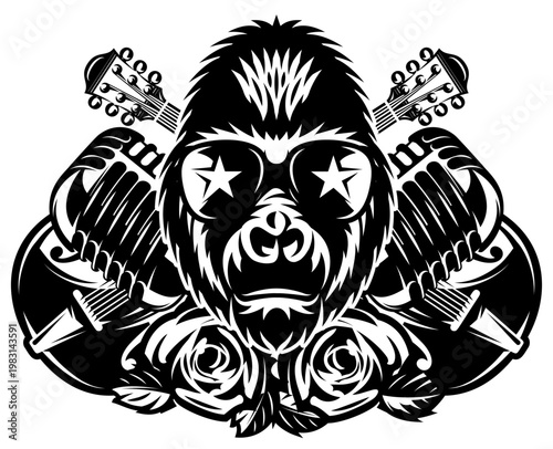 Cool Gorilla Head with Star Sunglasses and Guitars Rock Music Design for Band Logos and Merchandise.