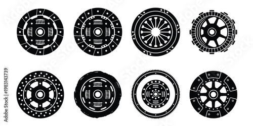 Automotive clutch disc and brake rotor icons, set of 8 black vector silhouettes, car transmission and braking system spare parts for repair shop
