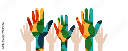 Raised hands. Volunteering, teamwork concert.