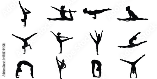 Gymnastics silhouette set of 12 female athletes, rhythmic gymnastics poses and acrobatic yoga stretches, black vector icons for sports branding