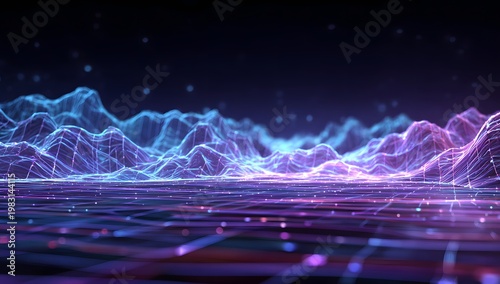 Retro futuristic terrain with glowing neon wireframe grid mountains and purple digital landscape under dark starry sky representing synthwave aesthetic and virtual reality computer data surface
