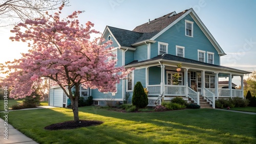 Beautiful blue house exterior with blooming pink tree in front yard and peaceful suburban garden landscape