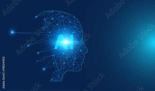 AI Human Head with Digital Network Lines and Glowing Nodes Representing Artificial Intelligence Technology