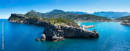 Panorama of city in Mallorca - Port de Soller with nice beach, Spain