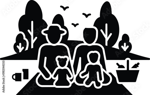 Family picnic scene silhouette vector illustration