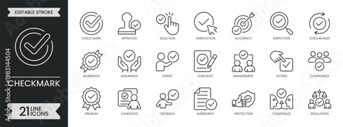 Checkmark outline icon set. Approval related line icons collection. Checklist, verified, check, correct, accept, agree, confirm, complete and more. Editable stroke icons pack. Vector illustration