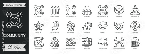 Community outline icon set. People related line icons collection. Together, unity, group, social, support, connection, family, friendship and more. Editable stroke icons pack. Vector illustration