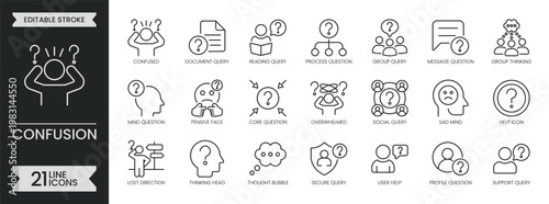Confusion outline icon set. Question related line icons collection. Doubt, thinking, uncertain, lost, unclear, hesitation, ambiguity, asking and more. Editable stroke icons pack. Vector illustration