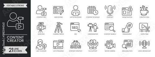 Content creator outline icon set. Blogging video related line icons collection. Video editing, content, podcast, blogger, idea, monetization and more. Editable stroke icons pack. Vector illustration