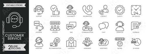 Customer service outline icon set. Customer satisfied related line icons collection. Operator, assistance, help, feedback, FAQ, support and more. Editable stroke icons pack. Vector illustration