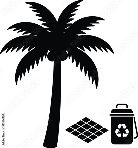 Palm tree and trash can with recycling symbol illustration