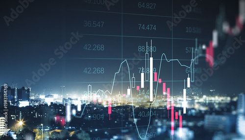 Canvastavla Financial market candlestick chart overlay against glowing night cityscape illustrating dynamic stock, currency, and index movements in modern skyline