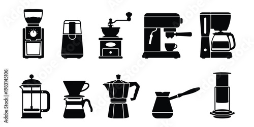 Coffee brewing equipment icons set, professional barista tools and coffee maker silhouettes, 10 vector elements for cafe menu and kitchen design