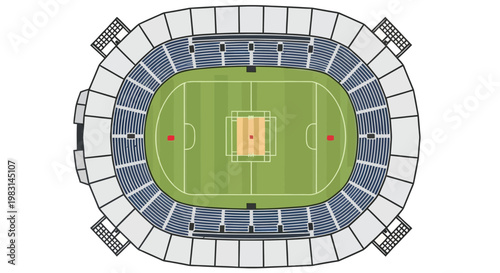 Aerial view of a large oval shaped stadium with blue and green seating