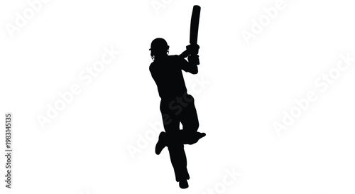 Silhouette of a cricket batsman in mid swing against a stark white background