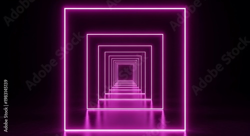Infinite pink neon square frame tunnel abstract perspective background for modern creative design and futuristic virtual reality visuals with perspective, infinite