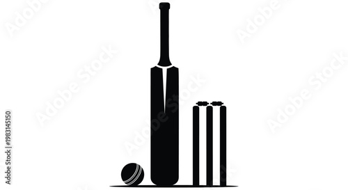 A black silhouette depicting a cricket bat ball and wickets