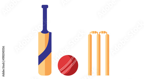 Cricket equipment including a bat ball and wickets on a white background