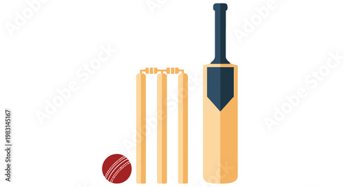 A colorful illustration depicting a cricket bat wickets and a red cricket ball