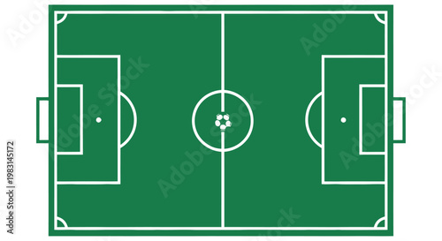 Aerial view of a soccer field with green grass and white markings