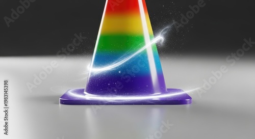 Vibrant rainbow traffic cone with glowing energy swirls, symbolizing safety and diversity.