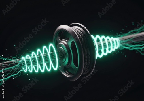 Futuristic coil and cable emitting vibrant green energy against dark background