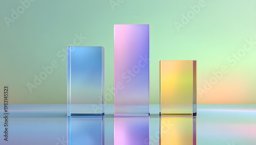 Transparent colored glass pedestals standing on reflective floor with soft green gradient wall for professional product photography and minimalist architectural design visualization concepts