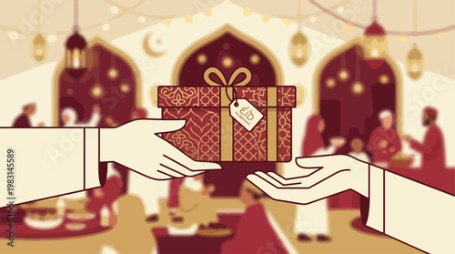 An elegant flat design illustration depicting the cherished tradition of exchanging gifts during Eid al-Adha. This vector image symbolizes generosity, love, and festive goodwill among loved ones.