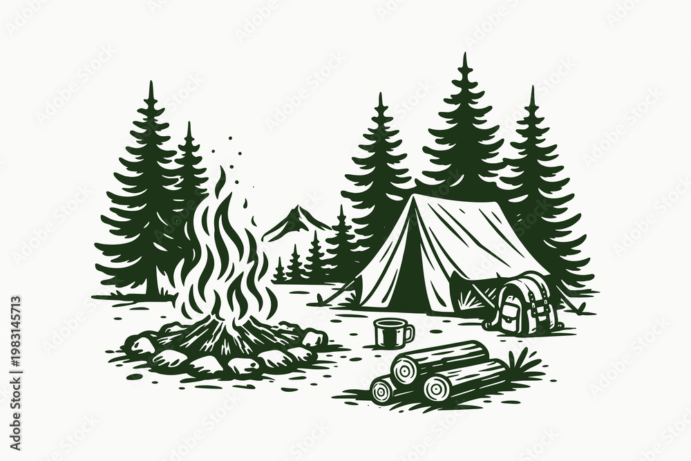 Fototapeta premium Camping doodle vector illustration with tent, campfire, forest trees and outdoor adventure hand drawn style