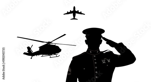 Military Salute: Soldier, Helicopter, and Airplane Silhouette Against White Background