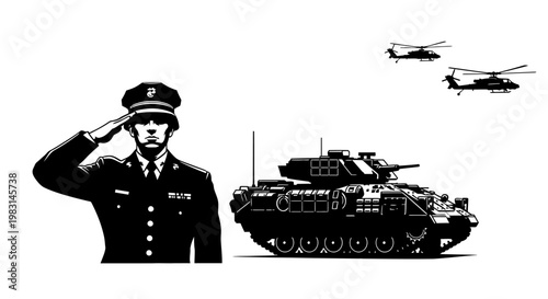 Military Salute: Soldier, Tank, and Helicopters in Formation