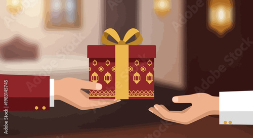 An elegant flat design illustration depicting the cherished tradition of exchanging gifts during Eid al-Adha. This vector image symbolizes generosity, love, and festive goodwill among loved ones.