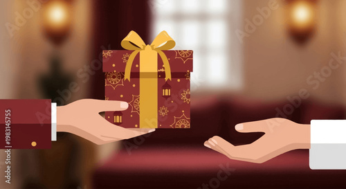 An elegant flat design illustration depicting the cherished tradition of exchanging gifts during Eid al-Adha. This vector image symbolizes generosity, love, and festive goodwill among loved ones.