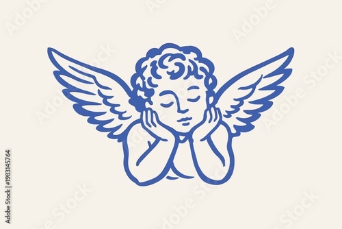 Angel doodle vector illustration with cute cherub face, wings and hand drawn heavenly minimalist line art style