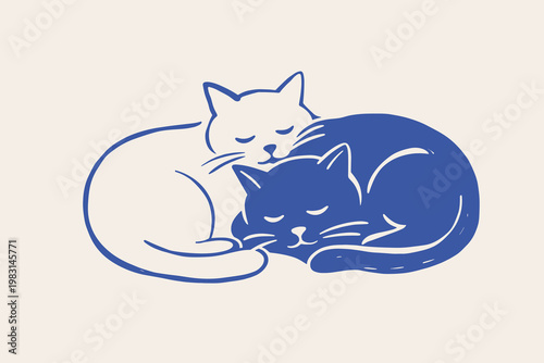 Sleeping cats doodle vector illustration with two cute cuddling pets in hand drawn minimalist line art style