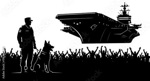 Military Security Team: Soldier, K9 Unit, Aircraft Carrier, and Cheering Crowd