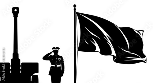 Military Salute to Flag and Artillery Cannon Silhouette