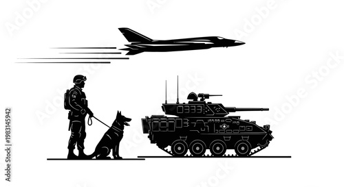 Military Soldier, Guard Dog, and Fighter Jet Silhouette - Security and Defense Concept