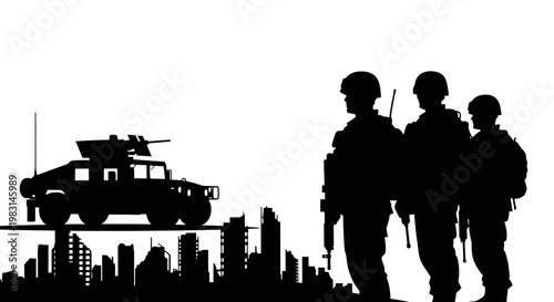 Military Soldiers and Humvee Silhouette Over City Skyline, War and Defense Concept