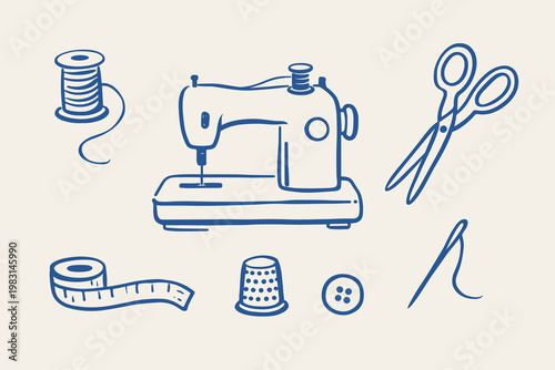 Sewing tools doodle vector illustration with sewing machine, scissors, thread, needle and thimble set