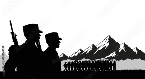 Military Soldiers Marching in Formation with Mountains Background Silhouette