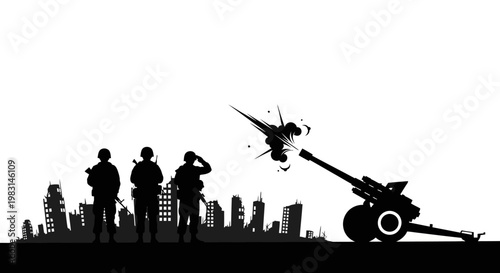 Silhouette of soldiers aiming a cannon at a destroyed city skyline