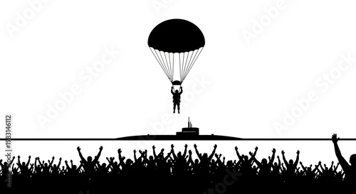 Parachutist Landing on Submarine Amidst Cheering Crowd Silhouette