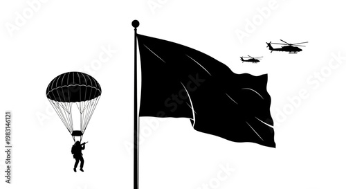 Paratrooper Descends Near Black Flag and Helicopters, Military Operation Concept