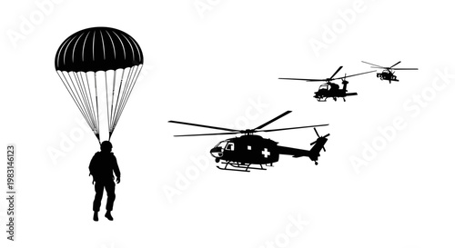 Paratrooper Jumps from Helicopter, Military Air Assault Mission, Airborne Operation