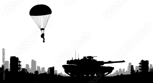 Paratrooper Descends Over Ruined Cityscape With Tank Silhouette